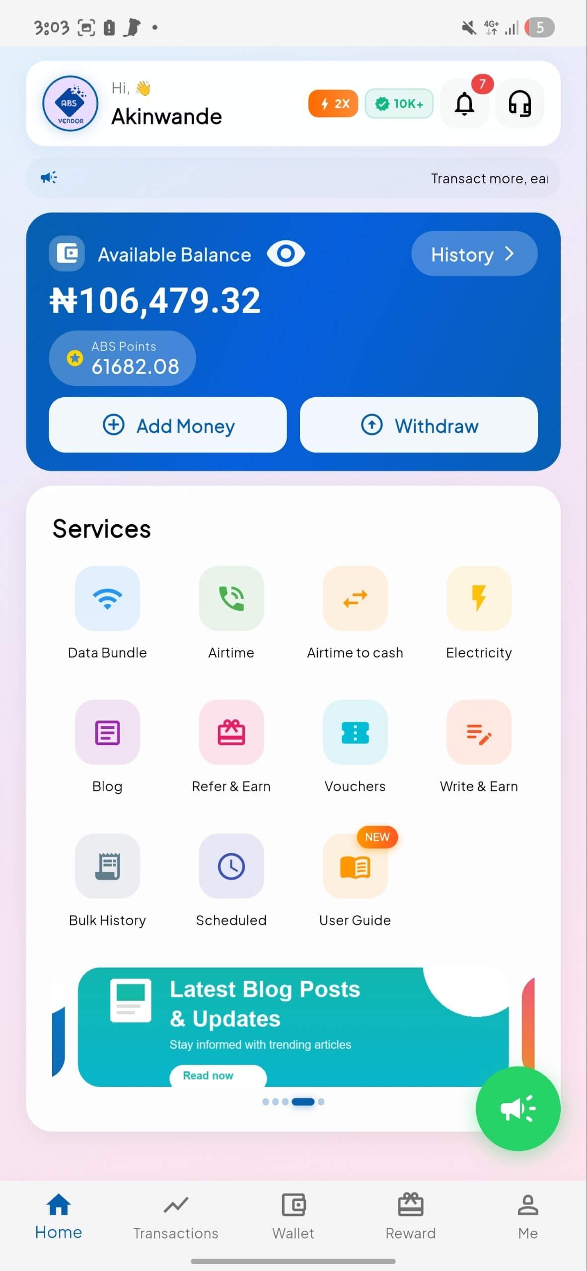 ABS Vendor app home screen — wallet, services and latest blog posts