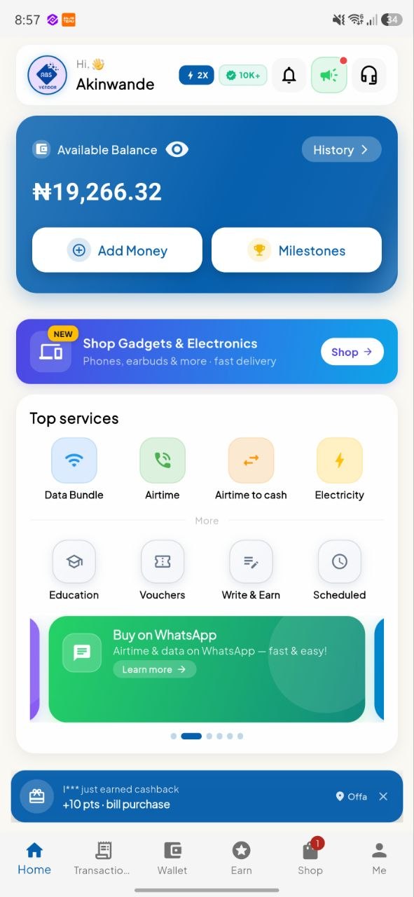 ABS Vendor app home screen — wallet, services and rewards